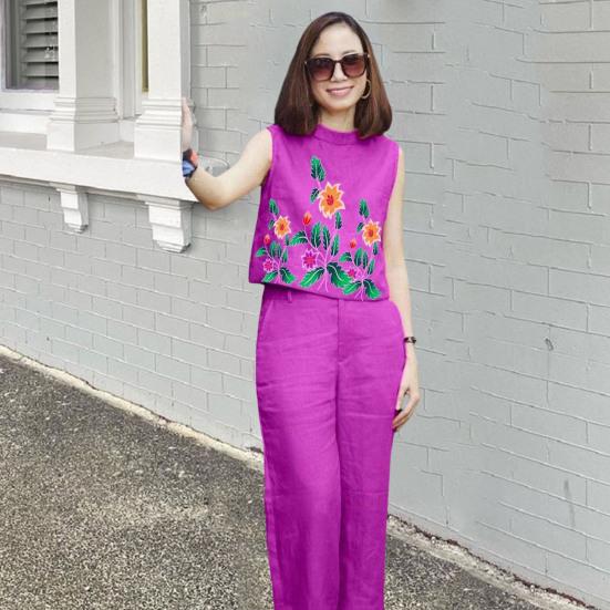 2 Pcs/Set Women Top Pants Set Flower Printing Elastic Waist Casual Sleeveless Loose Daily Wear Round Neck Plus Size Lady Vest