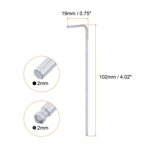 uxcell 2mm Ball Head L-Shaped Hex Wrench Set, Long Precision Tool Set, Easy To Apply Force, for Tightening, DIY Tools, Total Length 102mm