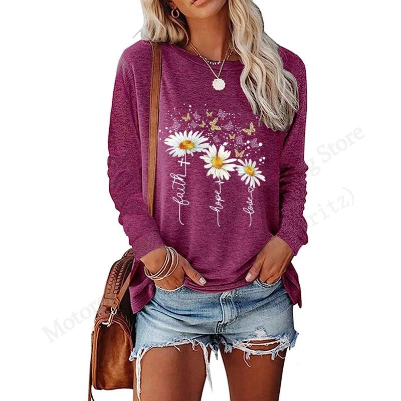 Spring and Autumn Round Neck Small Daisy Flower Pattern 3D Printed Top Fashionable Casual Long Sleeved Women's T-shirts
