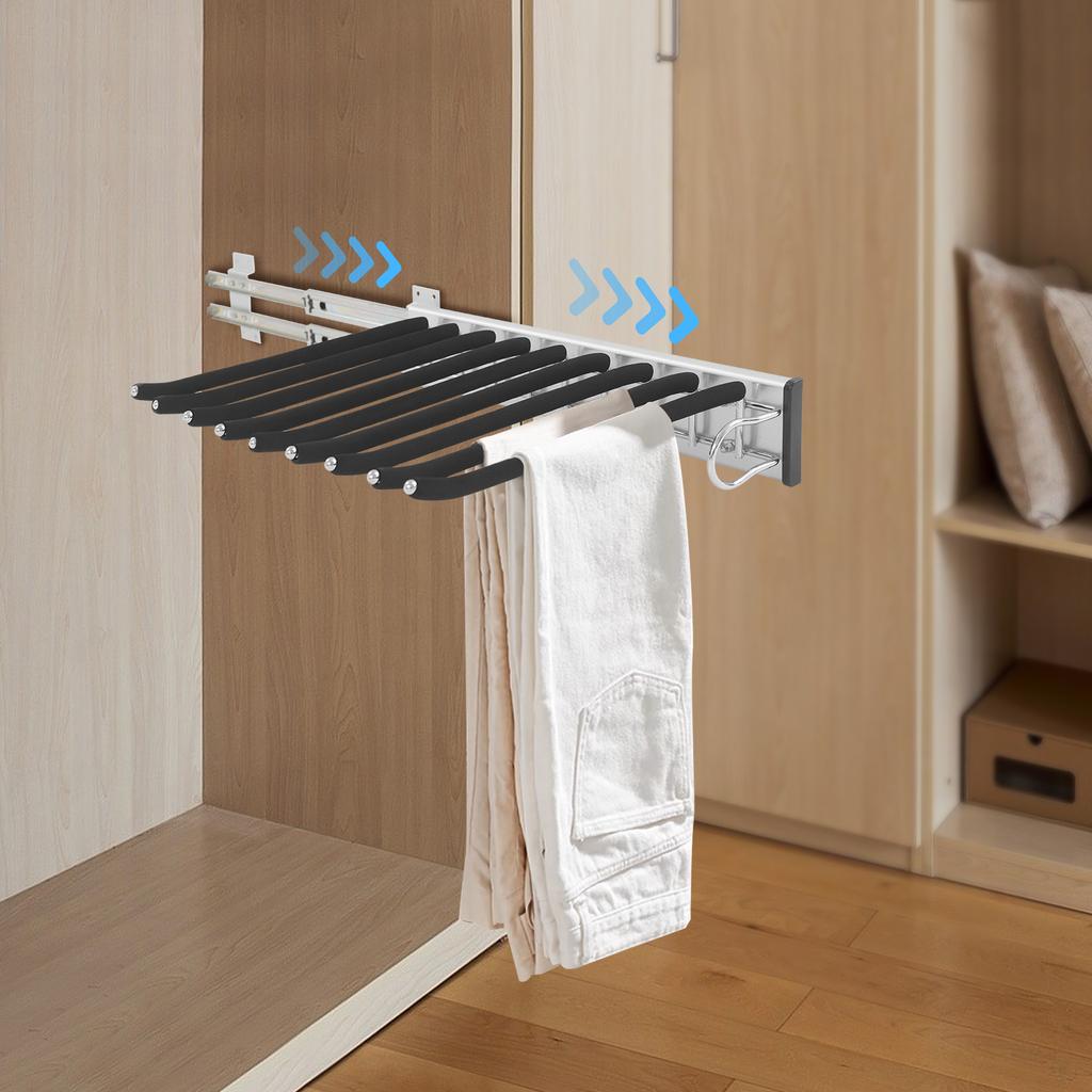 9-Rod Pull-Out Pants Rack – Heavy Duty Slide-Out Trouser Organizer with Silent Rails & Anti-Slip Flocking – Black/Silver