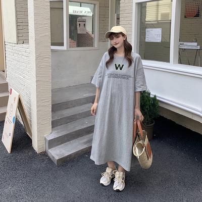 Loose-fitting Large-sized Women's Round-neck Short-sleeved T-shirt Dress, Long Laid-back Style Dress, Knee-length Sleeping Dress
