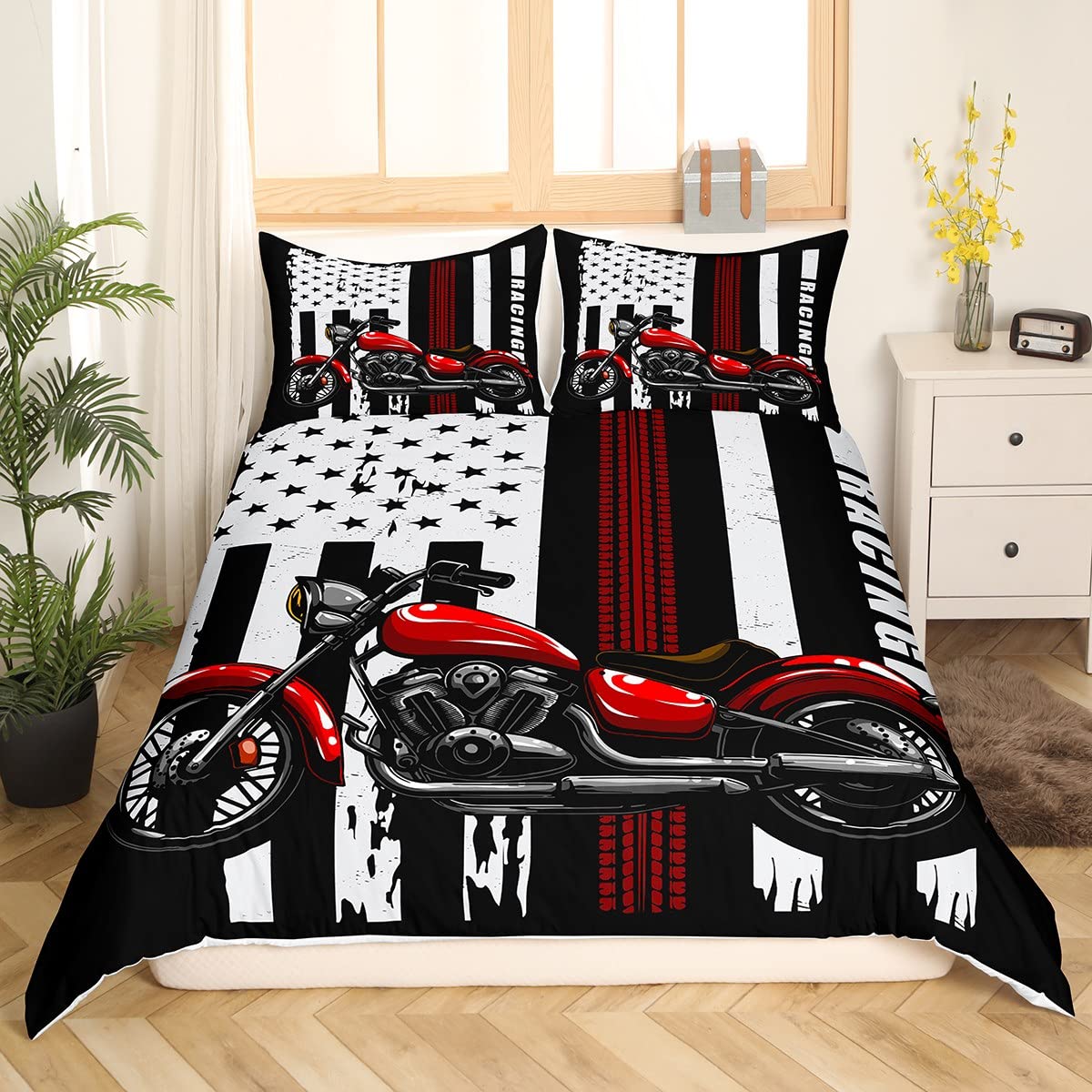 

Пододеяльник для горного велосипеда Набор постельного белья для мотокросса Декор красного цвета для грязного велосипеда Покрывало с тематикой экстремального спорта EU Single(135x200cm)