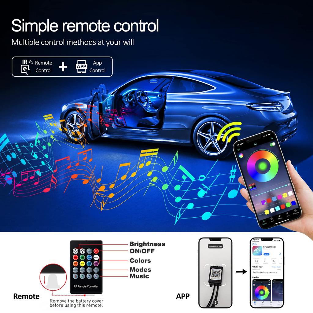 Car Interior LED Light RGB Fiber Optic Ambient Strip Neon Lighting Kit APP Remote Control Auto Decorative Atmosphere Lamps Neon Lights 4