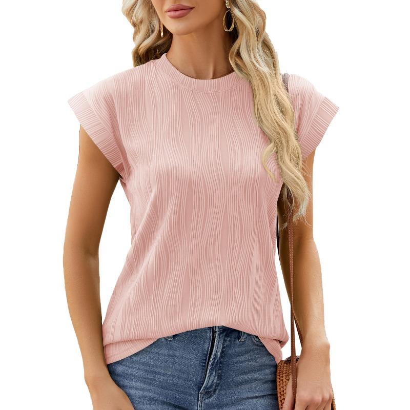 Women's Summer Solid Color Crew Neck Cover Shoulder Sleeve T-shirt Top Vest