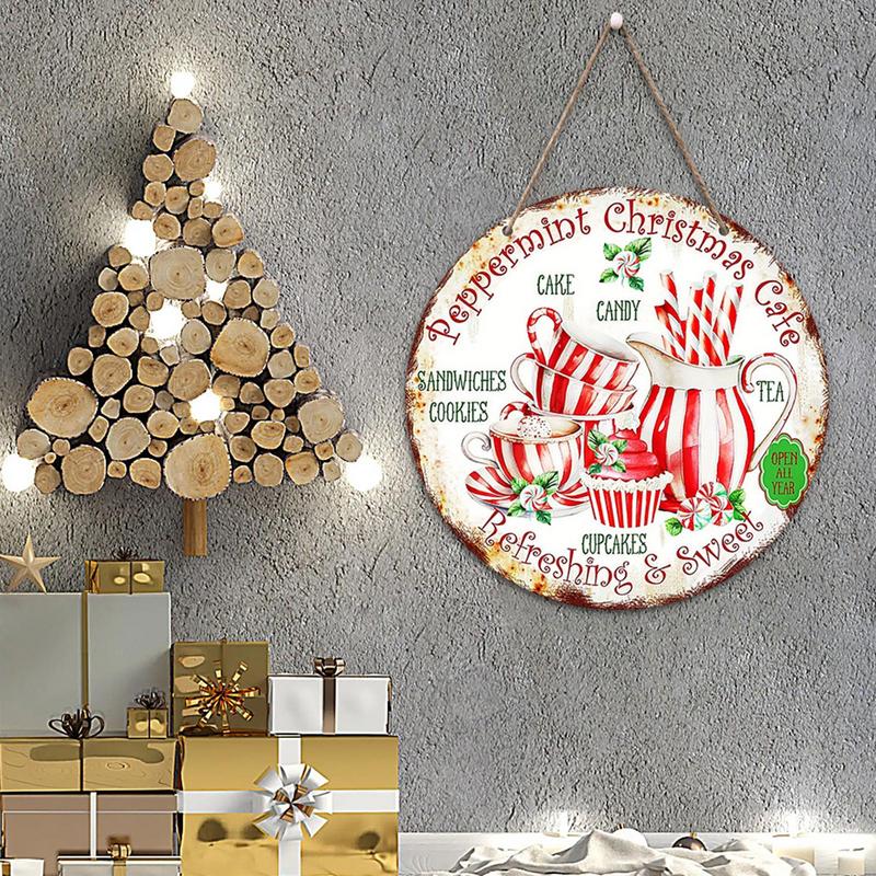 New Year Christmas Wood Sign Yard Art Merry Christmas Cafes Retro Doorplate Pendant Round Candy Cake Teacup Pattern Sign
