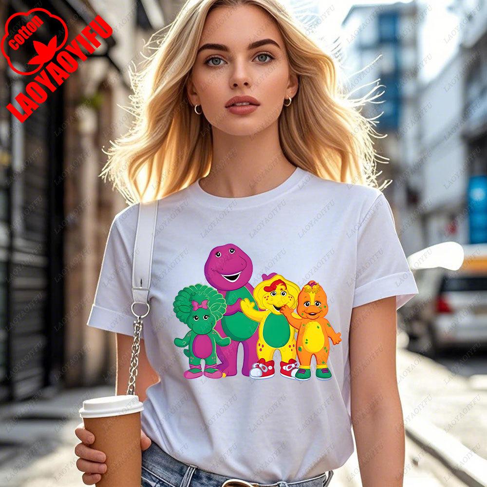 Kawaii Cartoon Animation Dinosaur Barney  Friends Print Unisexs Womens Cotton Tshirt Fashion Trend Street Casual Summer Tops