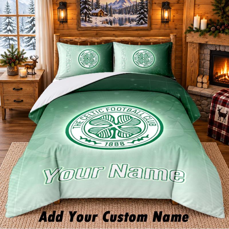 Celtic FC Pattern Bedding 3Pcs Set Custom Name, Bed Sheet And Pillowcases For Home Bedroom