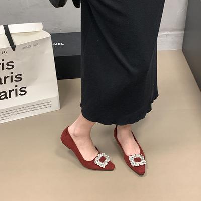 French Square Buckle Rhinestone Commuter Wedge Single Shoes 2024 New Suede Low Heel One Pedal Ladyshoes