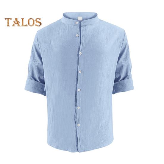 

Мужская хлопковая рубашка с длинным рукавом, застегивающаяся на пуговицы, однотонная рубашка с воротником Генри, повседневный топ с регулируемыми рукавами для повседневной носки, пляжного отдыха M синий