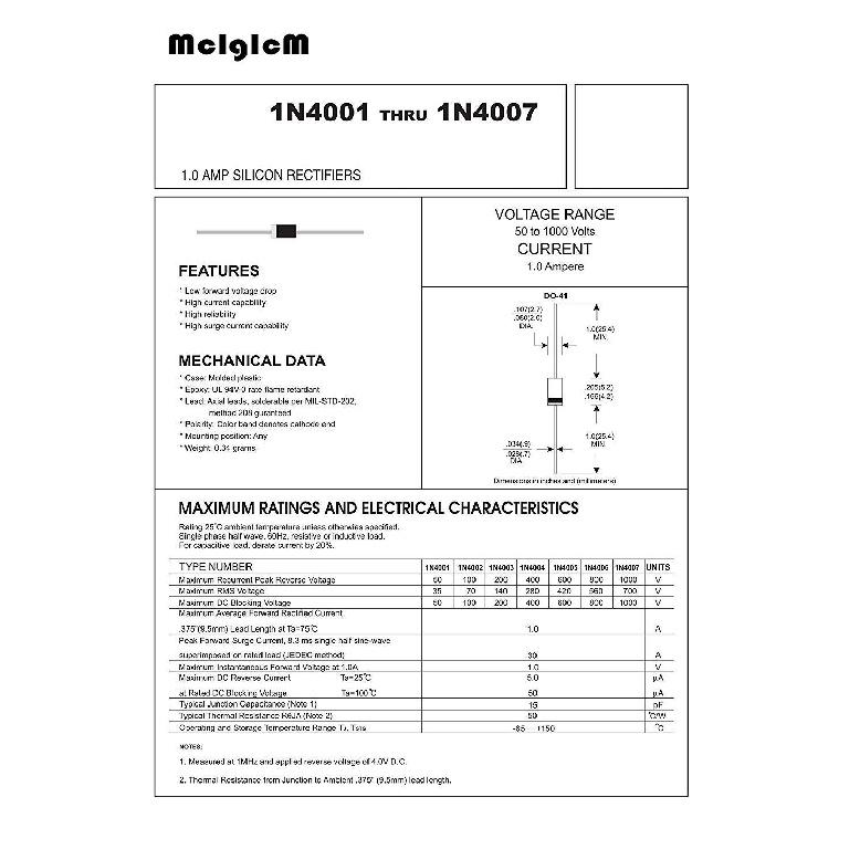 (100 Pcs) 1N4001 Rectifier Diode, 50V 1A DO-41 Electronic Silicon Doorbell Diodes