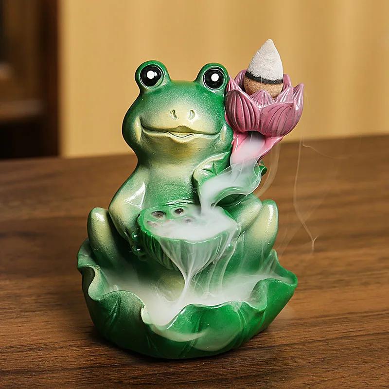 

1pc, Handcrafted Resin Backflow Incense Burner with Lotus Leaf and Frog Design - Home Decor Gift (Without Incense)