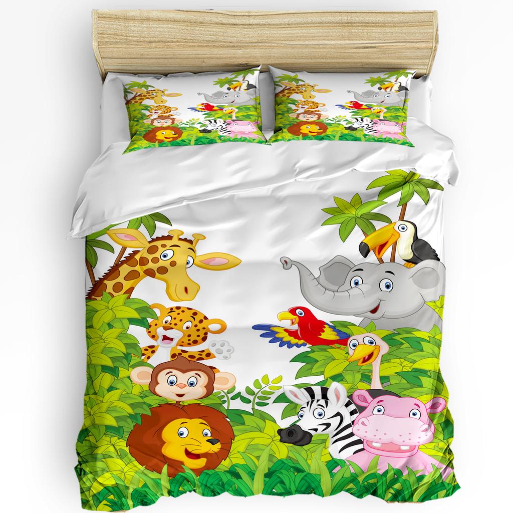Tropical Jungle Cartoon Animal Giraffe Lion Elephant Duvet Cover Pillow Case Bedding Set Quilt Cover Double Bed Home Textile