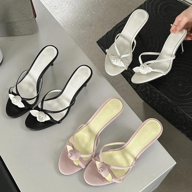 Eilyken Summer Flower Narrow Band Woman Slippers Slip On Thin Low Heels Party Stripper Beach Ladies Mules Slides Zapatos Mujer