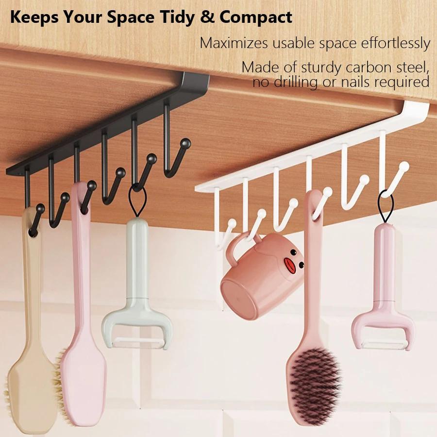 Kitchen Under Cabinet Hanging Hook Organizer Rack, No‑Drill Utensil Holder, Cabinet Shelf Hook for Mugs, Towels, Cooking Tools,