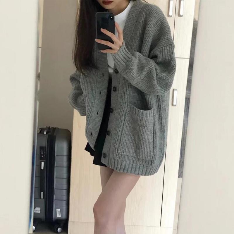 Damen-Pullover, mittellang, Strickjacke, V-Ausschnitt, lockere Strickjacke