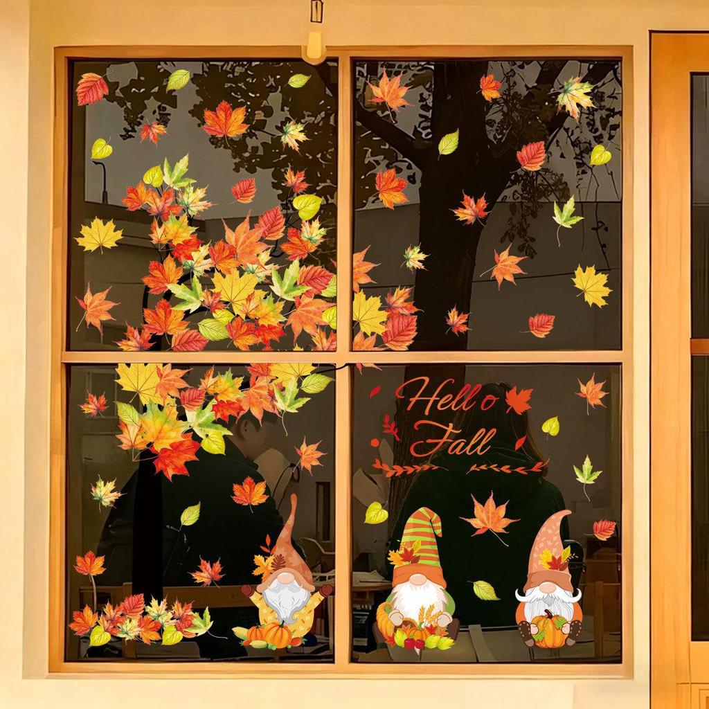 Thanksgiving Autumn Gnome Maple Tree Window Stickers for Family Shops