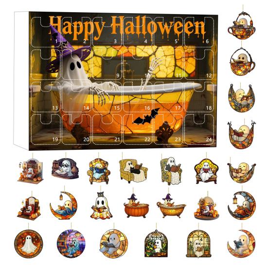 2025 Halloween 2D Ghost Reading Ornament Countdown Set 24 Days Advent Calendar Stained Glass Window Hanging Suncatchers for Home Decor
