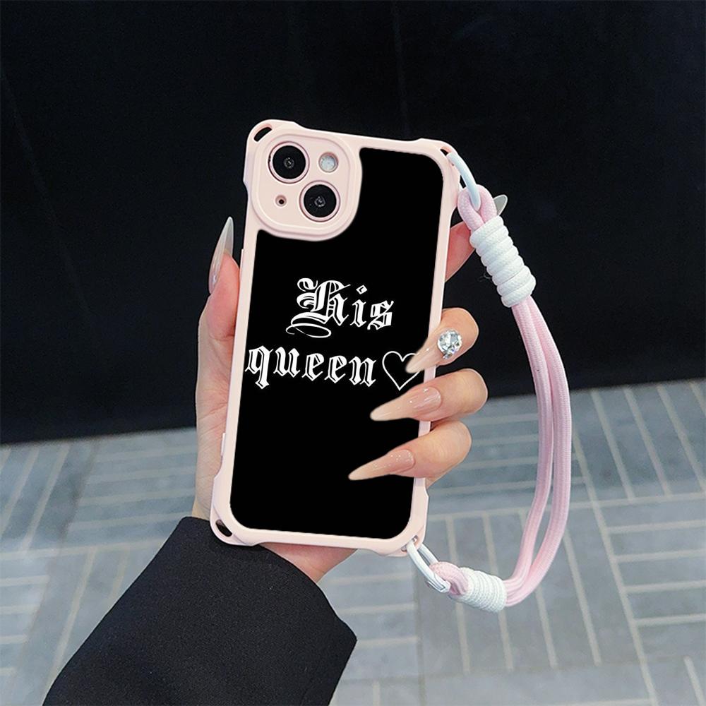 Ae84 King Queen Couple Art Soft Phone Cases for iPhone 16 15 14 13 12 11 Pro Max 8 7 Plus XR XS with Wrist Strap Lanyard Corner Protection Back Cover