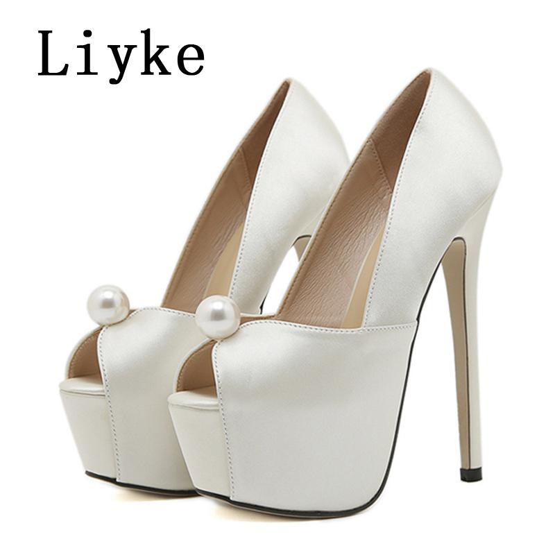 

Fashion Liyke Sexy Hollow Out Peep Toe 16CM Extreme High Heels For Women Stiletto Wedding Prom Shoes Fashion Pearl Silk Platform Pumps 35 абрикосовый
