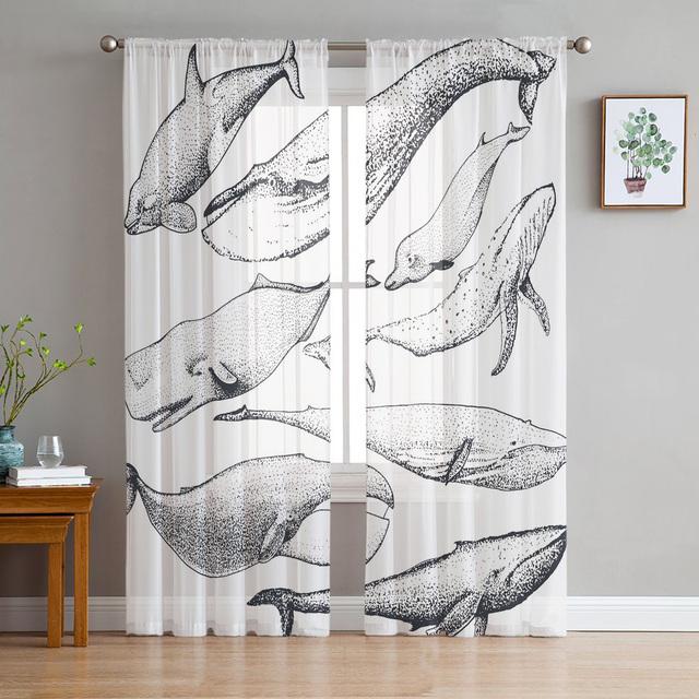 Whale Animal Illustration Tulle Curtains For Living Room Decoration Modern Chiffon Sheer Voile Kitchen Curtain