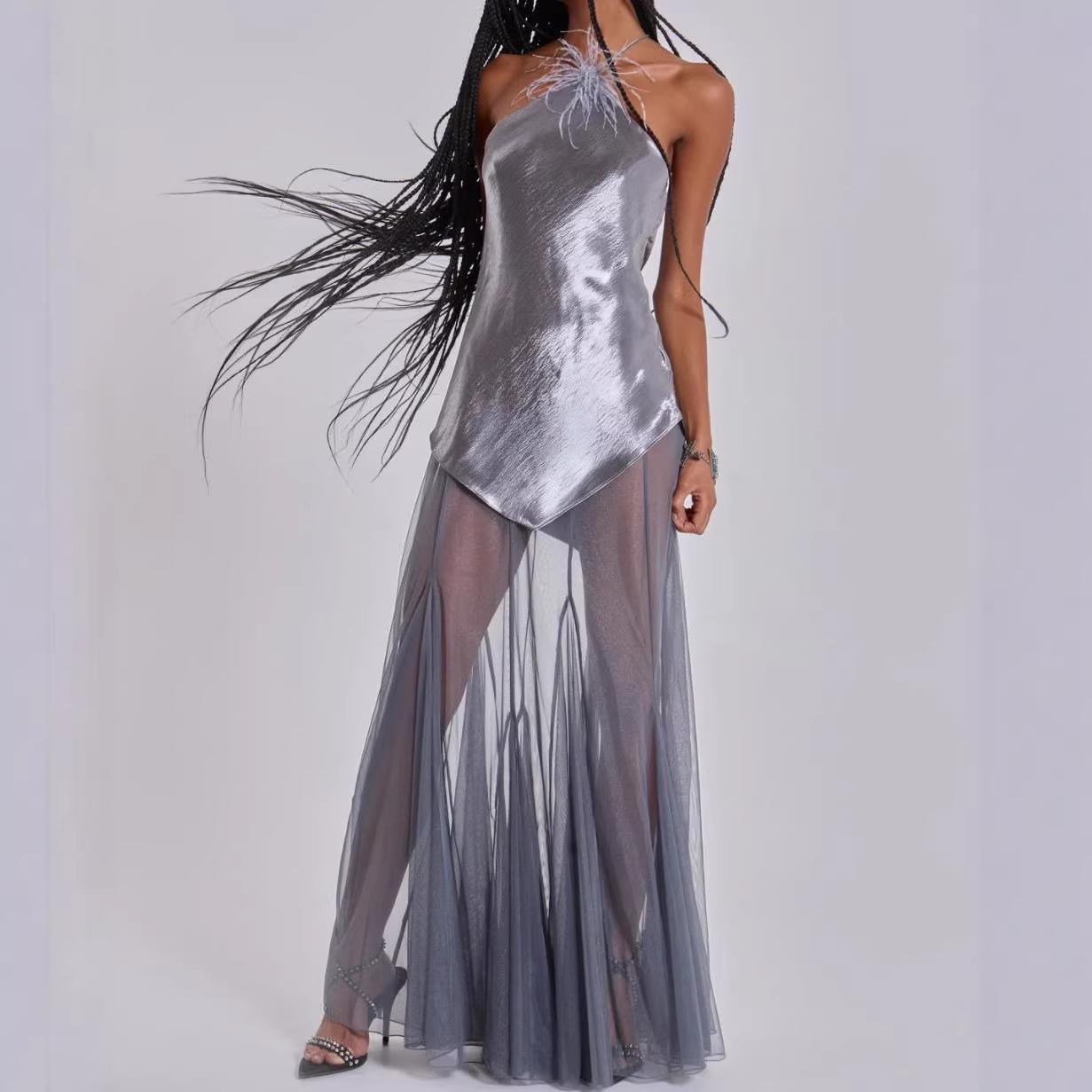 

New suspender mesh splicing fringed decorative dress women s clothing S