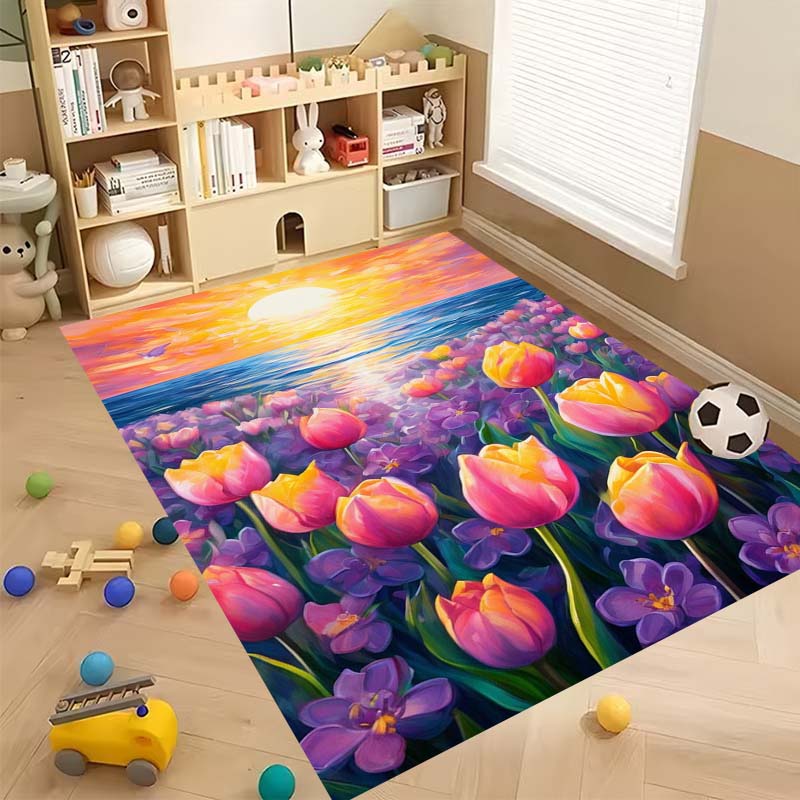 Luxurious Vintage Tulip Floral Pattern Floor Mat, Non-slip, Machine Washable, Suitable for Living Rooms, Bedrooms, and Home Déco