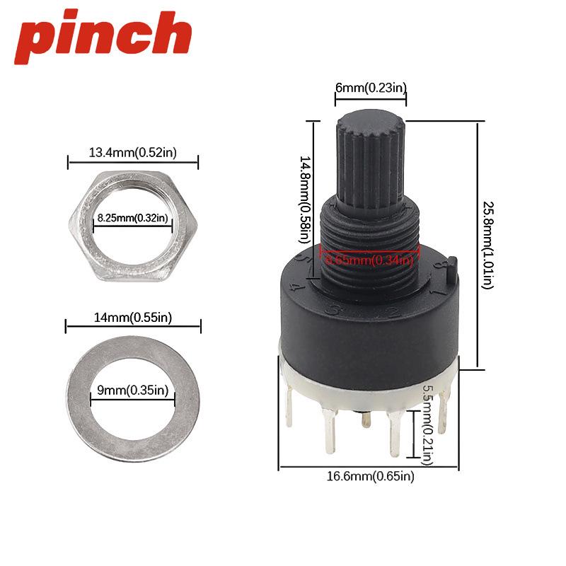 RS16 Rotary Gear Switch: 16MM, 1-Pole, 2-Throw, 3/4/5/6/8 Positions, 15-Spline Shaft, Round Point Potentiometer.
