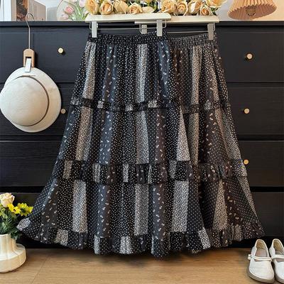 Women's Autumn 2025 Floral Patchwork Ruffle A-line High-Waisted Skirt
