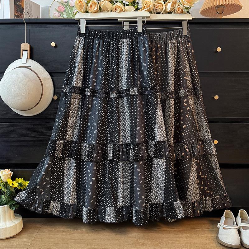 Women's Autumn 2025 Floral Patchwork Ruffle A-line High-Waisted Skirt