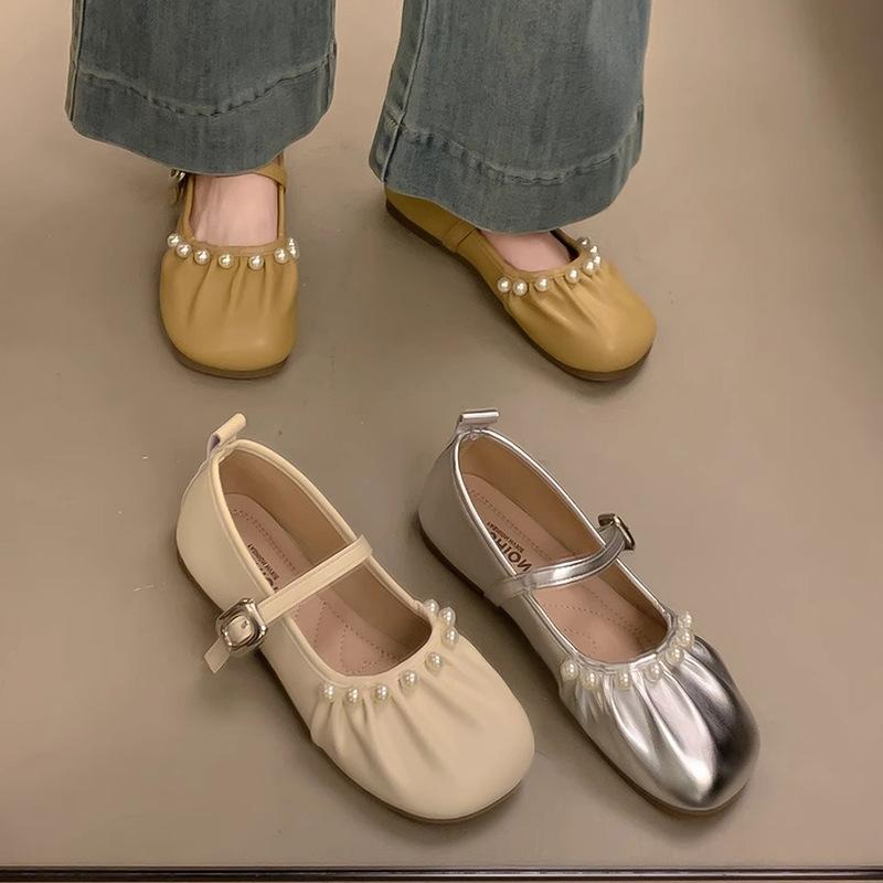 French Pearl Mary Jane Shoes Girl 2025 Spring New Fairy Evening Wind Large Size Soft Sole Ballet Grandma Shoes