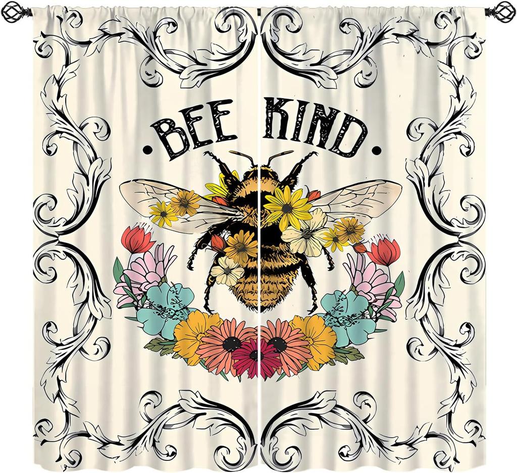 Rustic Honey Bee Curtains Honeycomb Daisy Floral Window Treatments Insulated Drapes Panel Sets Curtain With Rod Pocket Thermal Polyester