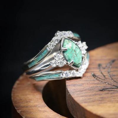 European & American Creative Turquoise Inlaid Diamond Women's Three-Piece Ring Set