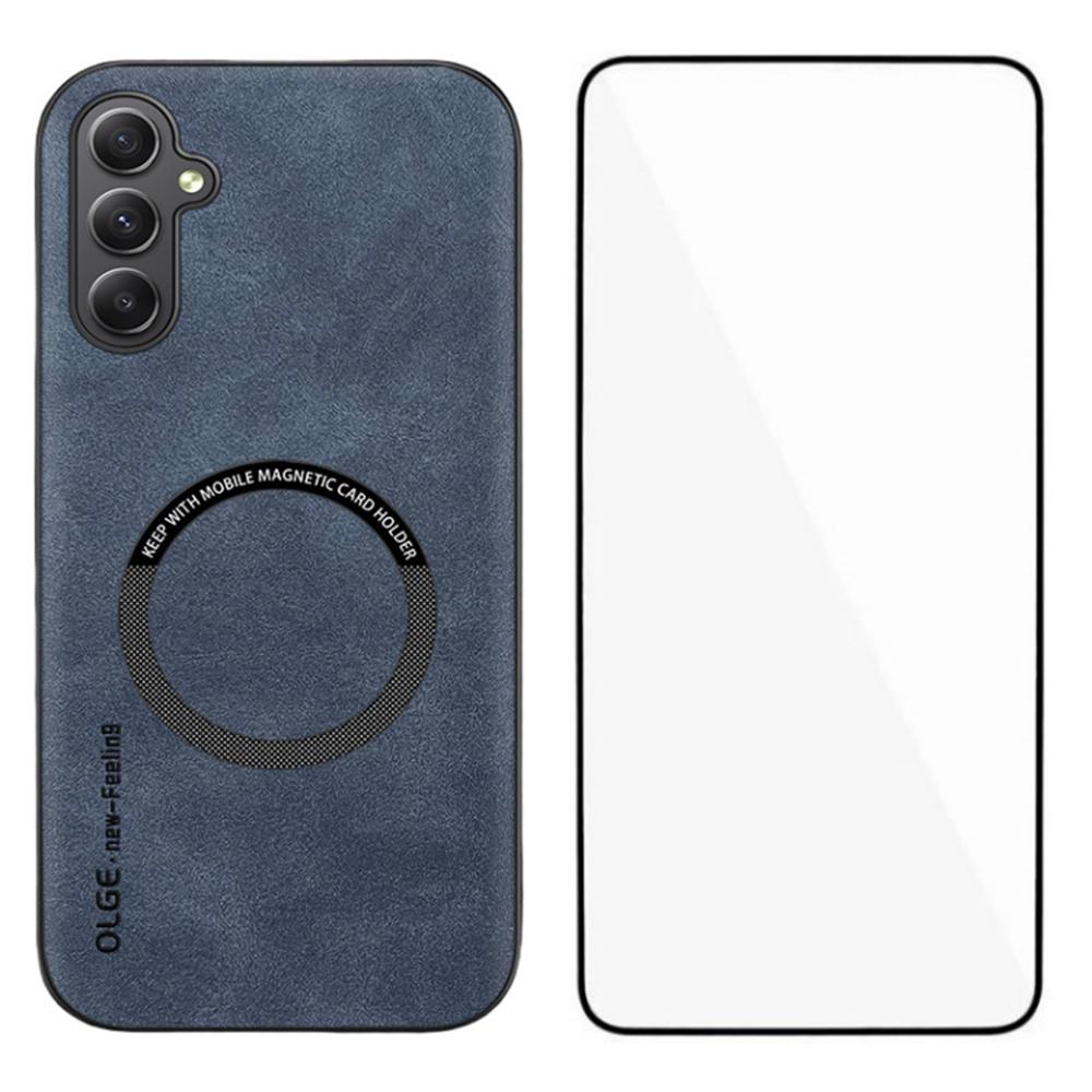 WANLONFENG YBP Series For Samsung Galaxy A35 5G Magnetic Case with Tempered Glass Film PU+TPU Phone Cover Large Cutout