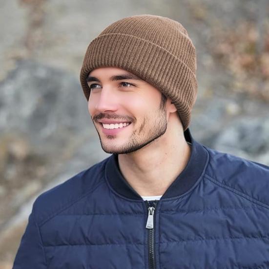 Men Hat Winter Warm Wool Knit Hat Solid Color Thickened Velvet Lining Hat Outdoor Sports Skiing Cycling Hat
