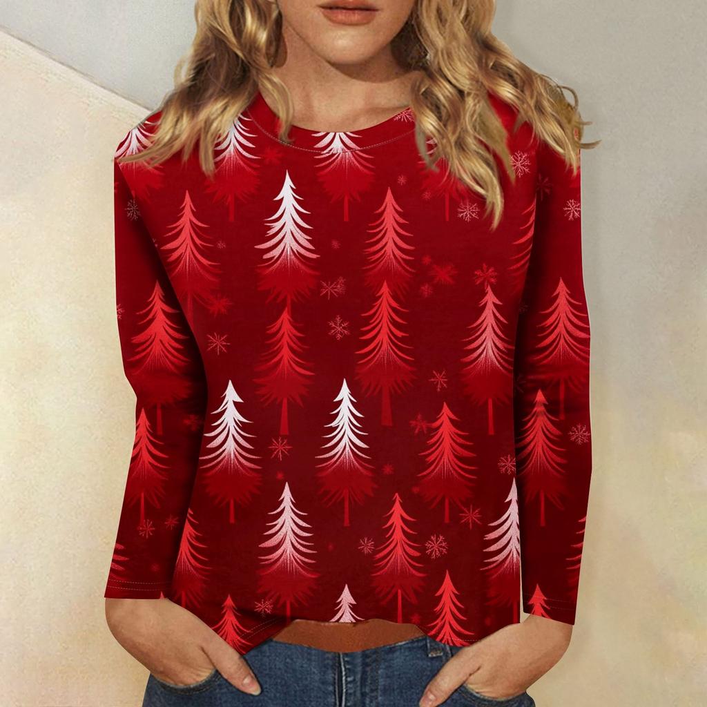 3D Christmas Snowflake Gradient Print Round Neck Long Sleeve T-shirt Casual Long Sleeve Top Party Loose Women's Top