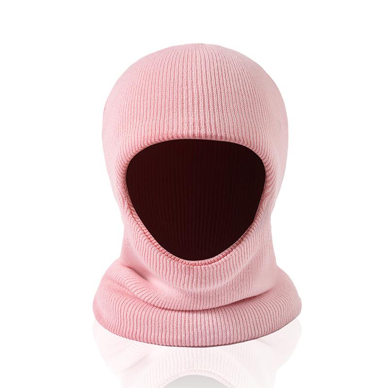 3-12J Herbst- und Winter-Pullovermütze, Kinder-Ohrenschutz-Einteilermütze mit doppelten Bommeln, Niedliche einfarbige Wollstrick-Einteilermütze