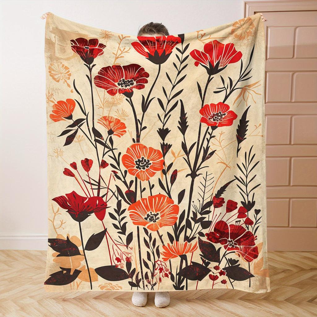 Vintage Red Flower Print Flannel Blanket Retro Botanical Soft Warm Throw Blanket Sofa Bed Rustic Home Decor Gift