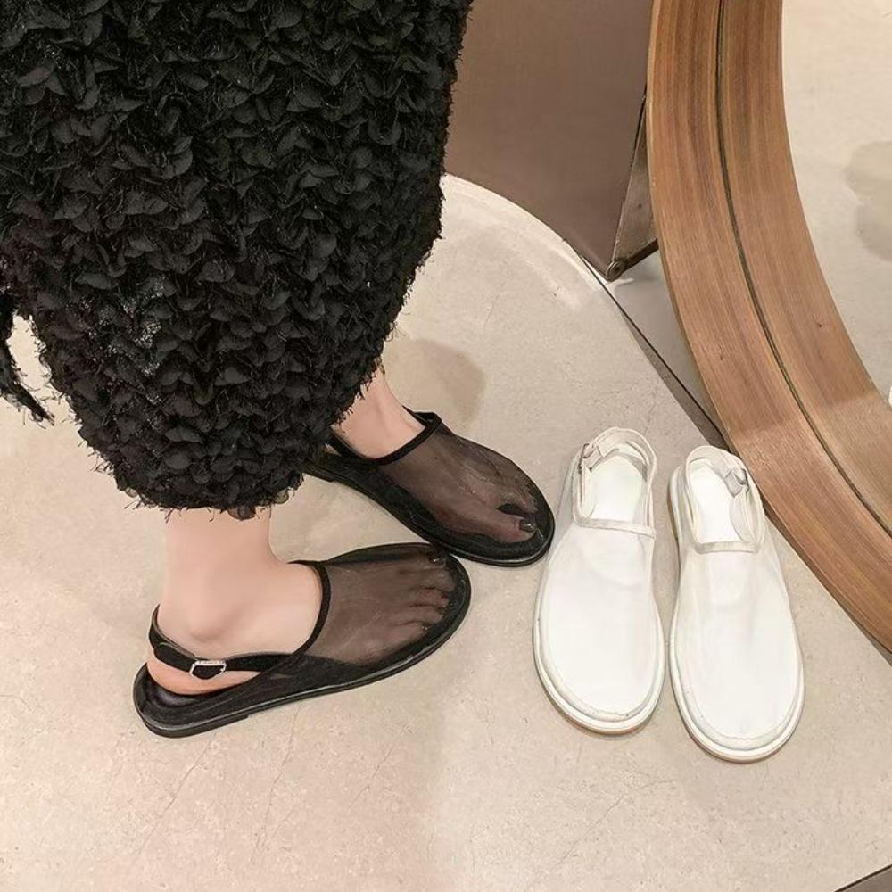 Women's Flat Sandals Mesh Fabric Mesh Shoes Round Head Breathable Flat Bottom Casual Shoes Bag Head Half Slippers Womens Sandals