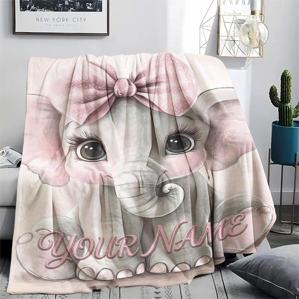 1PC Custom Name Pink Elephant Dreams Patterned Flannel Blanket Suitable For All Seasons for Home Decor Warmth and Comfort Gifts Holiday Present_lx