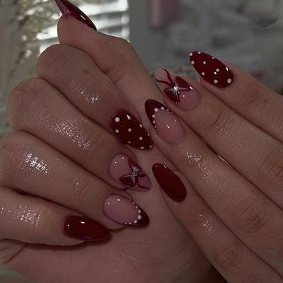 Red French Almond Ladybug Polka Dot False Nail Tips with White Dots