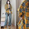 Korean chic spring and autumn new French yellow plaid shirt shirt jacket women's loose small long-sleeved top