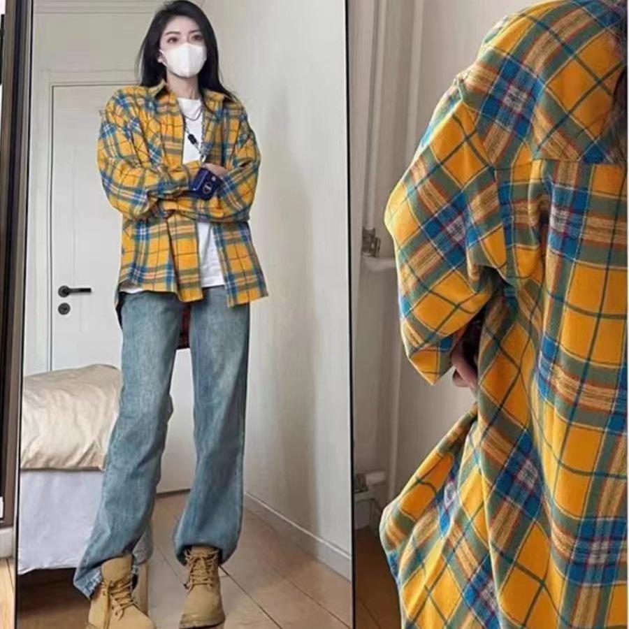 Korean chic spring and autumn new French yellow plaid shirt shirt jacket women's loose small long-sleeved top