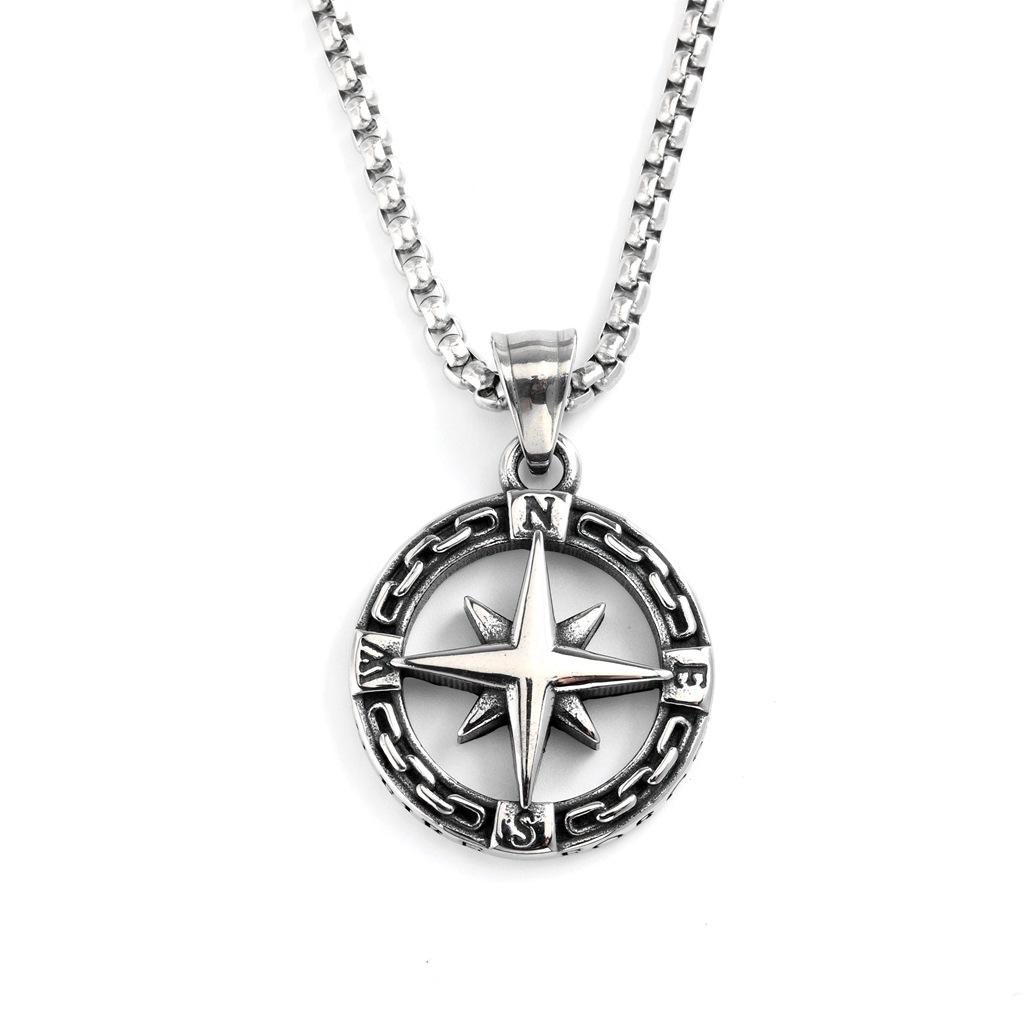 Vintage Stainless Steel Compass Pendant Unisex Fashion Necklace Charm