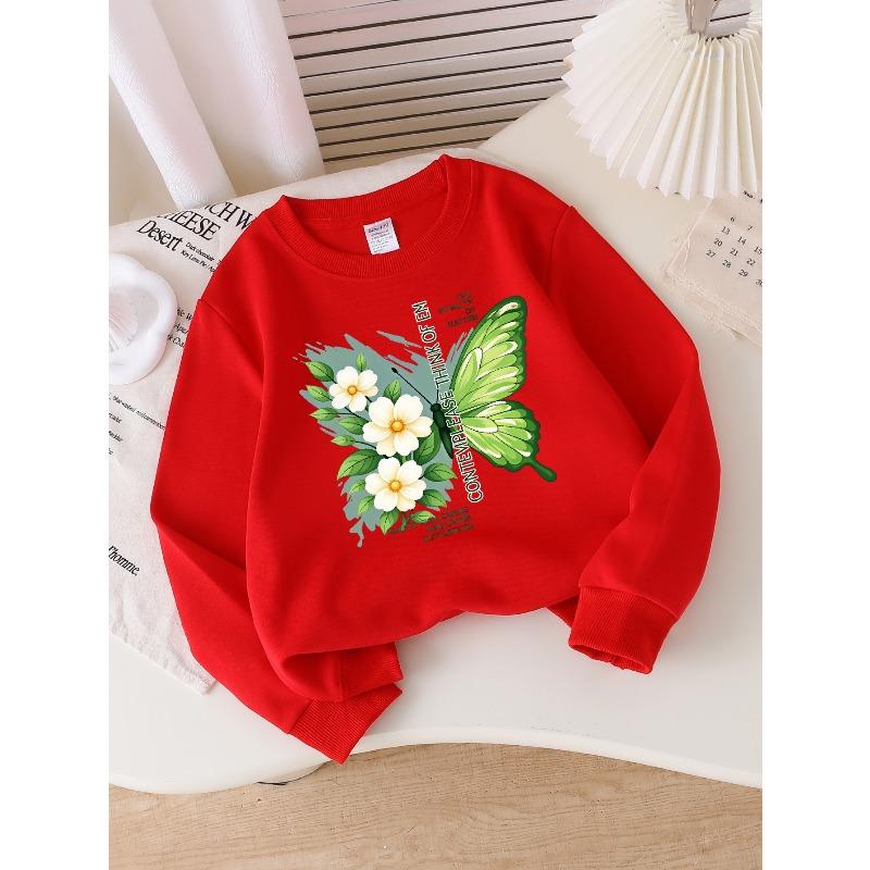 European sizes Girls Soft Crewneck Sweatshirt Green Butterfly & White Flowers Nature Print, Cute Design, Casual All-Match, Ideal Holiday Present