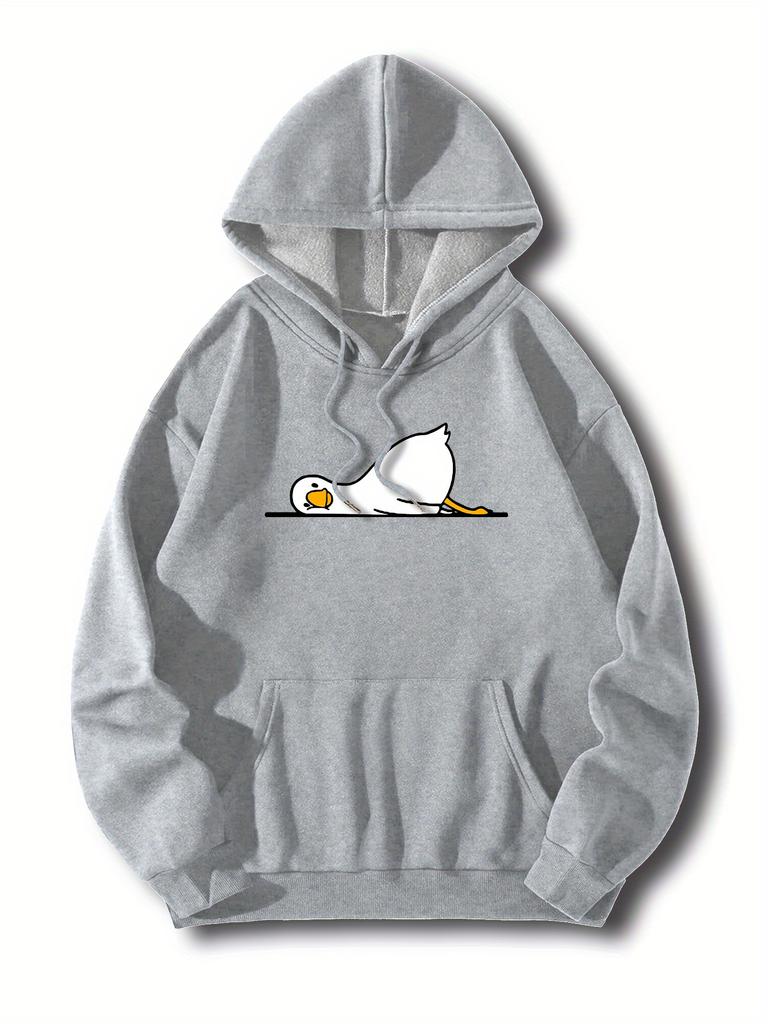 Cute Lying Flat White Duck Cartoon Print Men's Grey Hoodie, Hip Hop Sports Loose Pocket Daily Street Sweatshirt