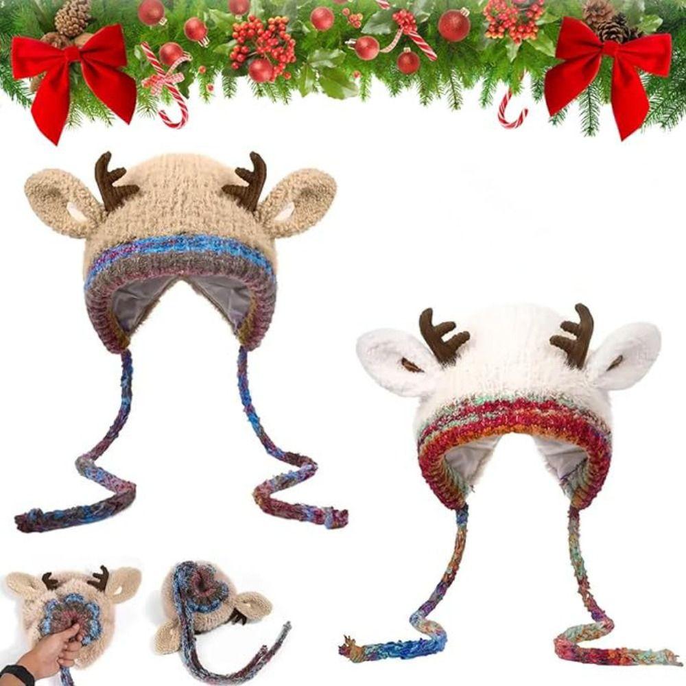 New Fur Deer Storage Hat Windproof Ear Protection Knitted Deer Antler Hat Warm 2 In 1 Earmuffs Hat Winter