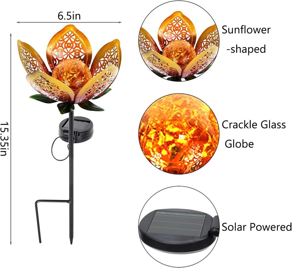 Outdoor Solar Tulip Light Crackle Globe Glass Metal Flower Decoration Lamp Hollow Petal Stake Light for Patio Yard Lawn Walkway