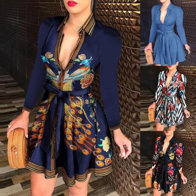 Fashion Women Deep V Neck Long Sleeve Peacock Flowers Print Bandage Mini Dress