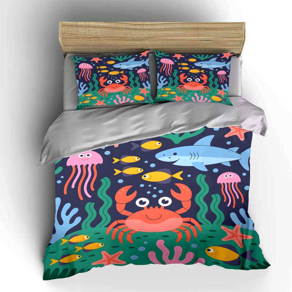 Underwater Cartoon Animals Set Bedding Duvet Cover Set (1*Duvet Cover 2*Pillowcases, without duvet insert)