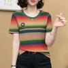 Neues Sommer-T-Shirt Kurzarm-T-Shirt Gestreift Modisch Rundhals Mama-Shirt Slim Top